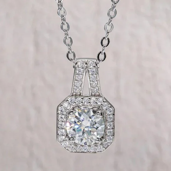 Certified 2ct. t.w. Moissanite Diamond Square Halo Pendant Necklace NEW - Picture 1 of 15